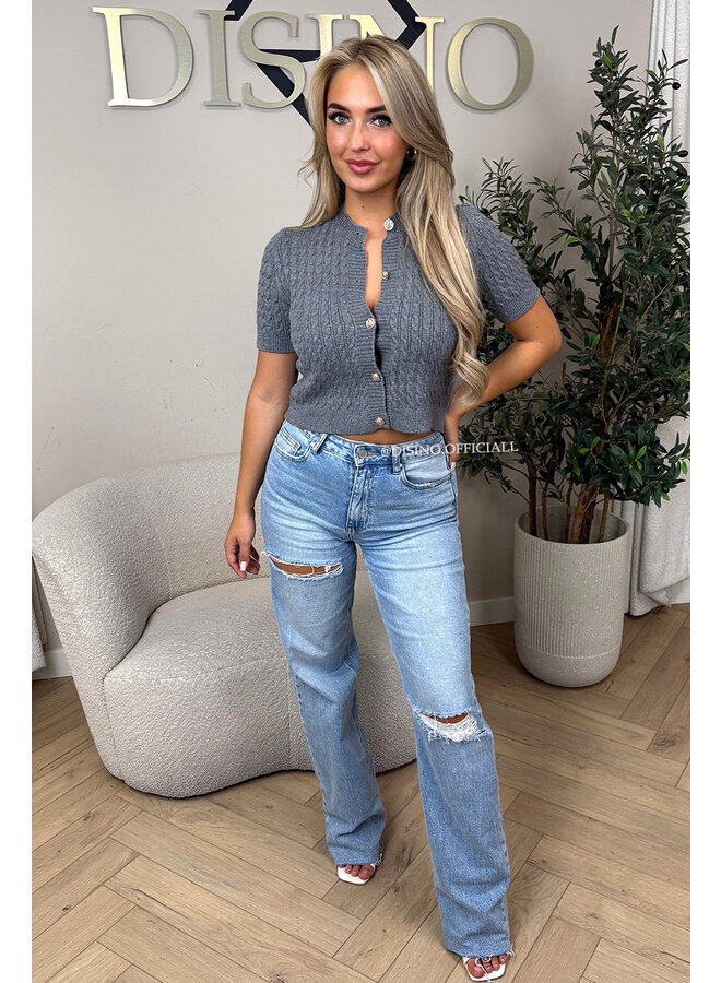 GREY - 'CELESTE TOP' - GOLD BUTTON KNITTED TOP