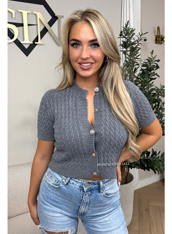 GREY - 'CELESTE TOP' - GOLD BUTTON KNITTED TOP
