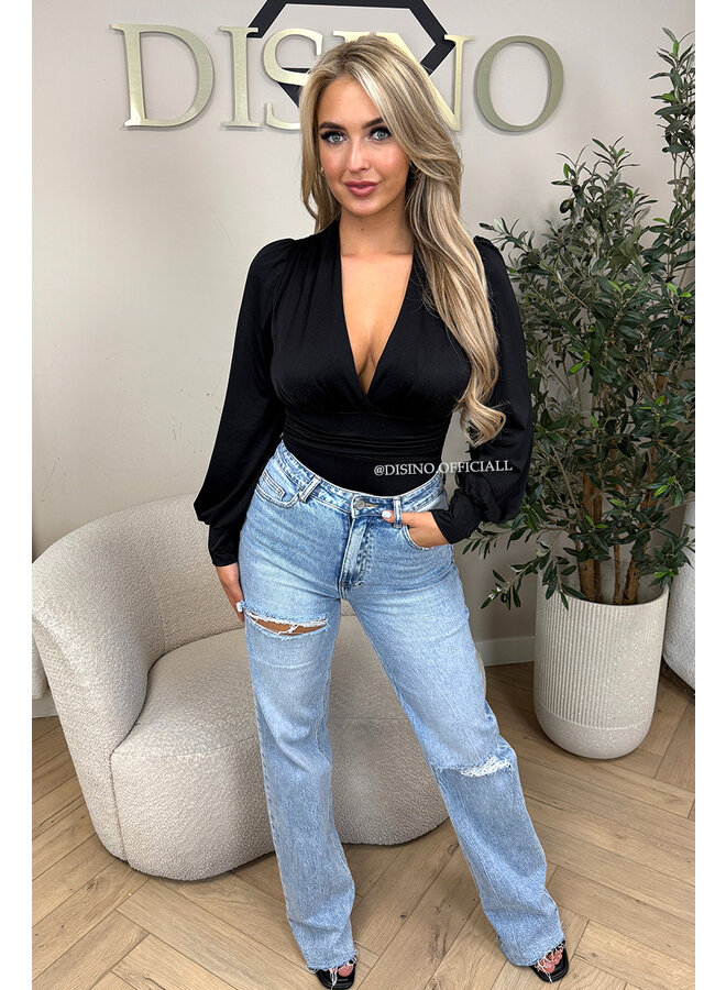 BLACK - 'LIVIA BODY' - SILKY RUCHED STRETCH BODYSUIT