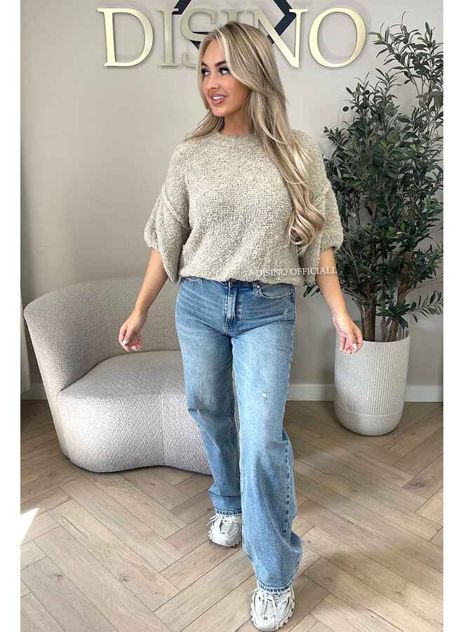 BEIGE - 'NONA SHORTSLEEVE' - SOFT & COZY TEDDY KNIT SWEATER