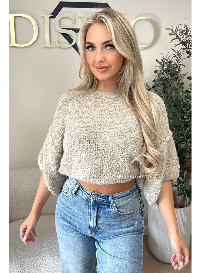 BEIGE - 'NONA SHORTSLEEVE' - SOFT & COZY TEDDY KNIT SWEATER