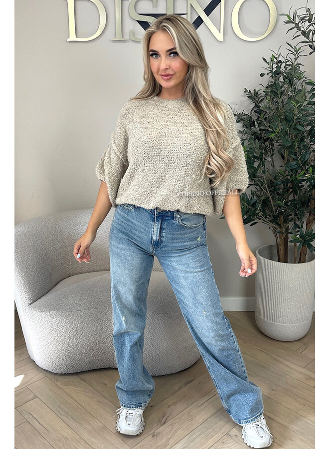 BEIGE - 'NONA SHORTSLEEVE' - SOFT & COZY TEDDY KNIT SWEATER