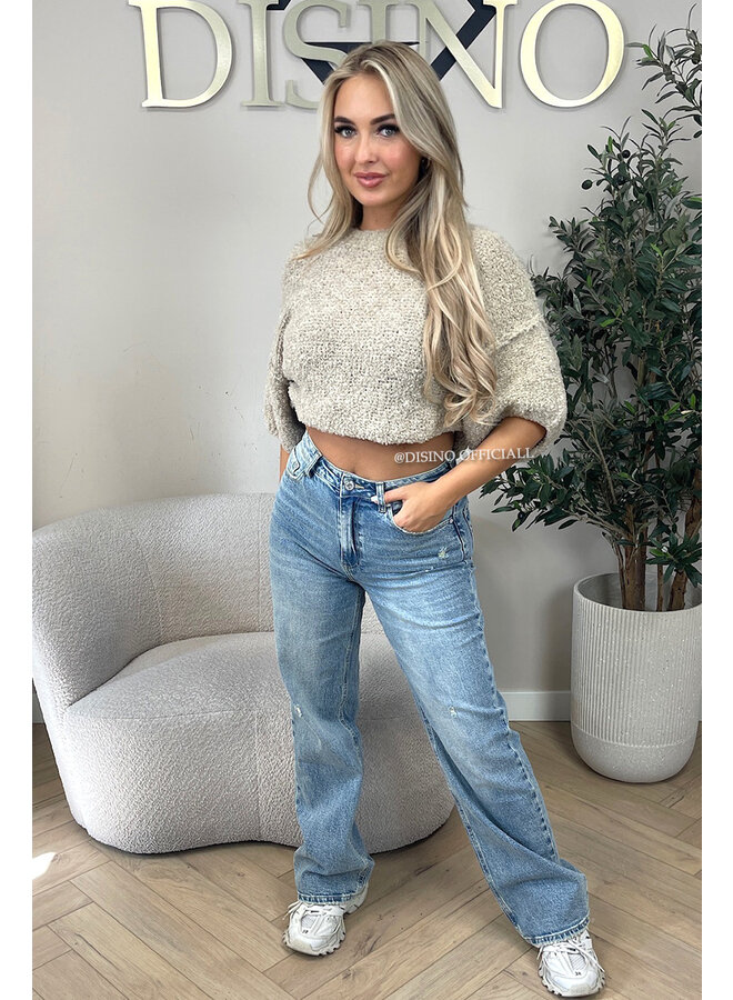 BEIGE - 'NONA SHORTSLEEVE' - SOFT & COZY TEDDY KNIT SWEATER