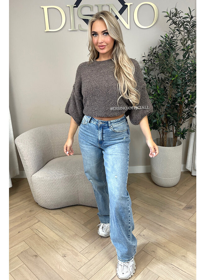 TAUPE - 'NONA SHORTSLEEVE' - SOFT & COZY TEDDY KNIT SWEATER