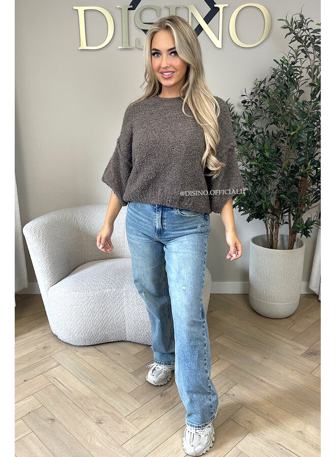 TAUPE - 'NONA SHORTSLEEVE' - SOFT & COZY TEDDY KNIT SWEATER