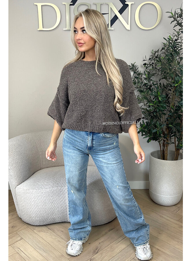 TAUPE - 'NONA SHORTSLEEVE' - SOFT & COZY TEDDY KNIT SWEATER