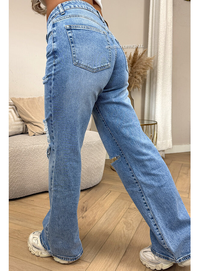 BLUE - 'DUBLIN V2' - MID-WAIST STRETCH RIPPED KNEE BOYFRIEND JEANS