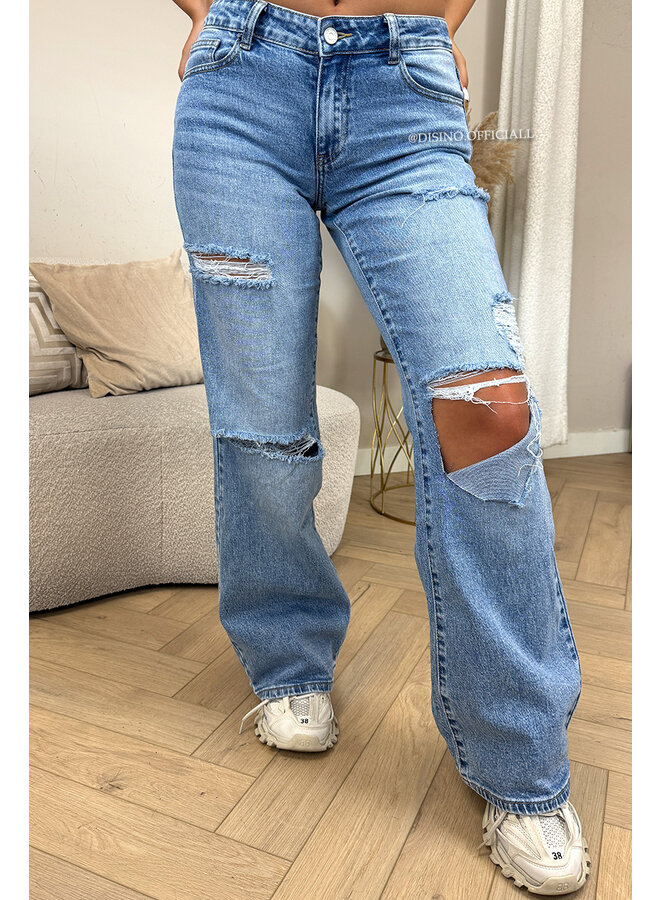 BLUE - 'DUBLIN V2' - MID-WAIST STRETCH RIPPED KNEE BOYFRIEND JEANS
