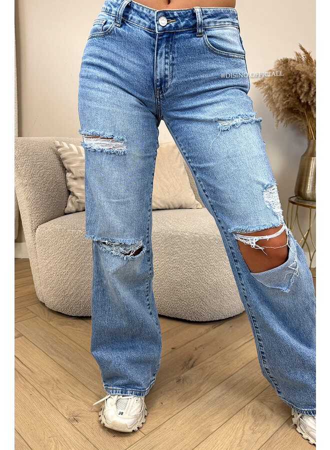 BLUE - 'DUBLIN V2' - MID-WAIST STRETCH RIPPED KNEE BOYFRIEND JEANS