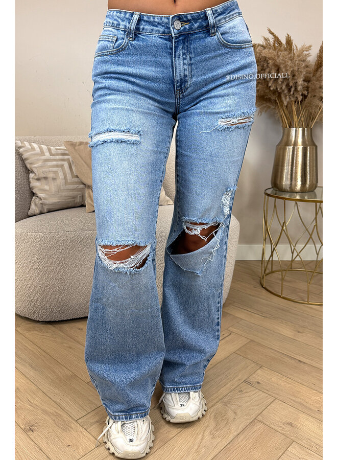 BLUE - 'DUBLIN V2' - MID-WAIST STRETCH RIPPED KNEE BOYFRIEND JEANS