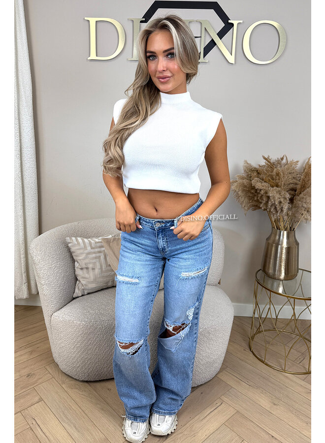 BLUE - 'DUBLIN V2' - MID-WAIST STRETCH RIPPED KNEE BOYFRIEND JEANS