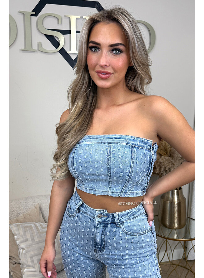LIGHT BLUE - 'WHITNEY CORSET' - SUPER STRETCH DENIM RELIEF CORSET TOP