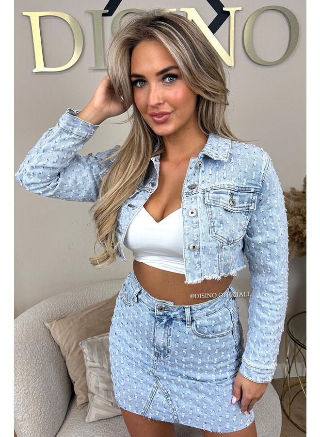LIGHT BLUE - 'WHITNEY JACKET' - CROPPED RELIEF DENIM JACKET