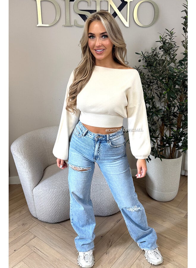 ECRU - 'NARDA KNIT' - OPEN SHOULDER CROPPED BELL SLEEVE KNIT