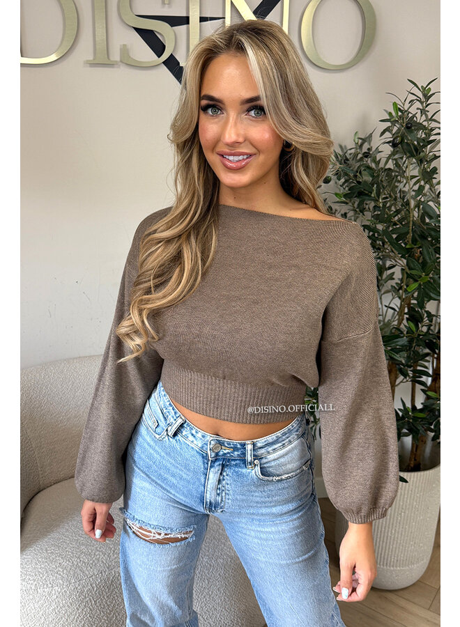 TAUPE - 'NARDA KNIT' - OPEN SHOULDER CROPPED BELL SLEEVE KNIT