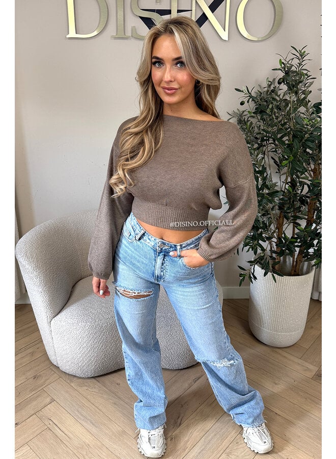 TAUPE - 'NARDA KNIT' - OPEN SHOULDER CROPPED BELL SLEEVE KNIT