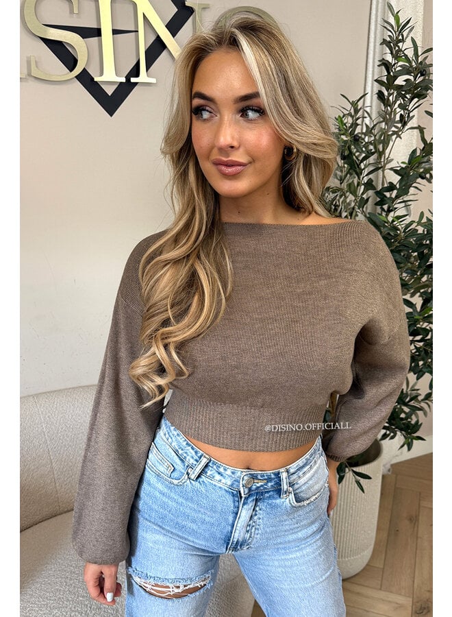 TAUPE - 'NARDA KNIT' - OPEN SHOULDER CROPPED BELL SLEEVE KNIT
