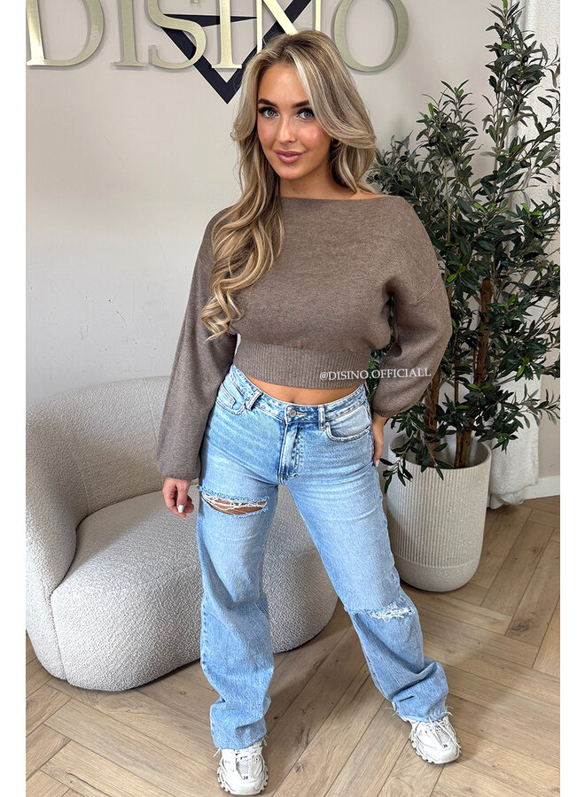 TAUPE - 'NARDA KNIT' - OPEN SHOULDER CROPPED BELL SLEEVE KNIT