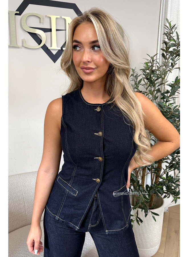 DARK BLUE - 'LIVIA TOP' - SUPER STRETCH DENIM GILET TOP