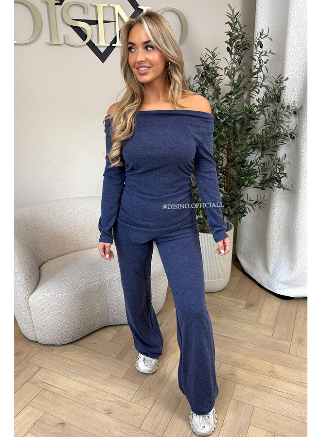 BLUE - 'FIORA SET' - CHIQUE OFFSHOULDER COMFY TOP + PANTS SET