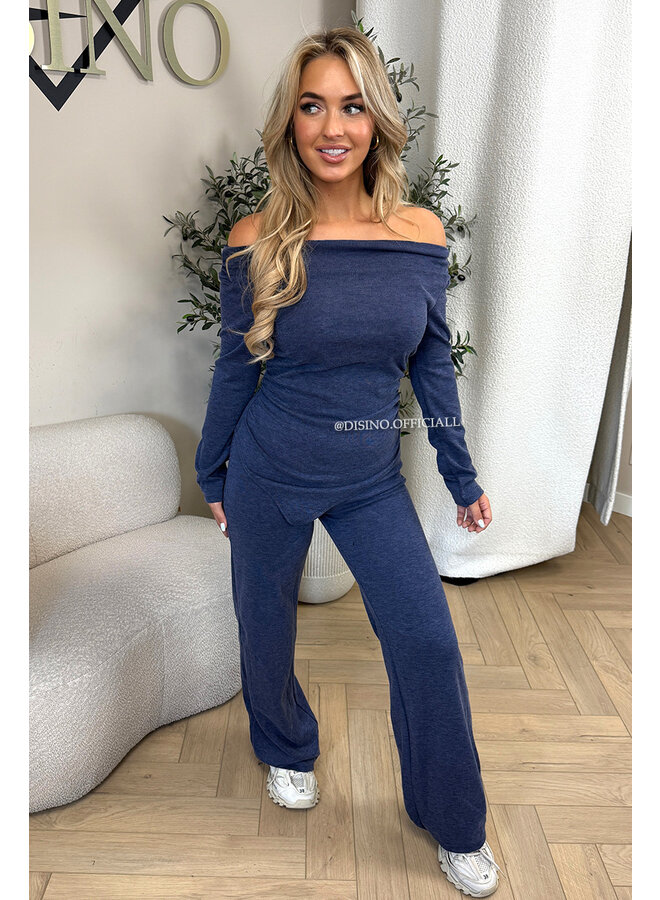 BLUE - 'FIORA SET' - CHIQUE OFFSHOULDER COMFY TOP + PANTS SET