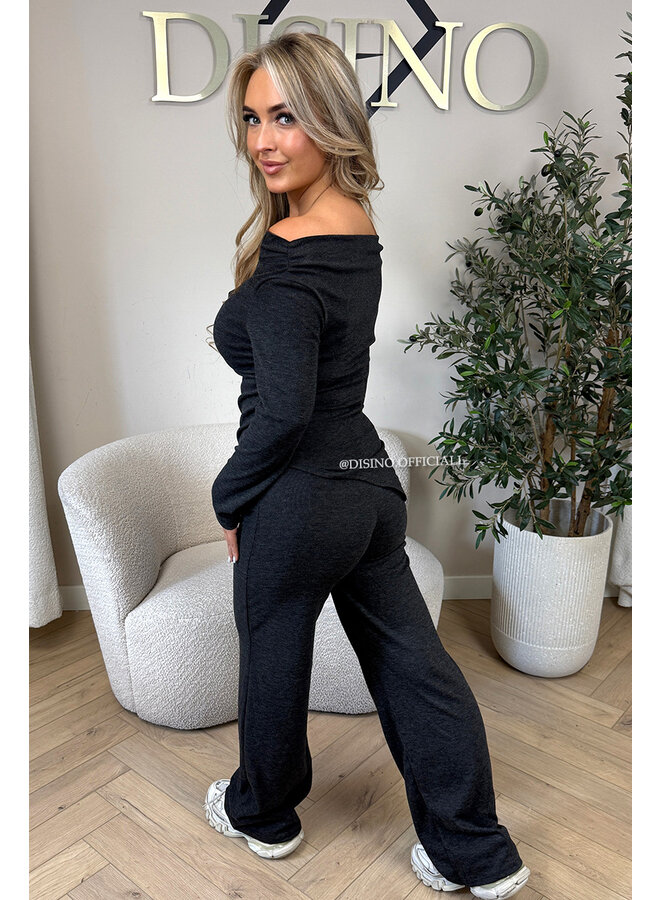 BLACK - 'FIORA SET' - CHIQUE OFFSHOULDER COMFY TOP + PANTS SET