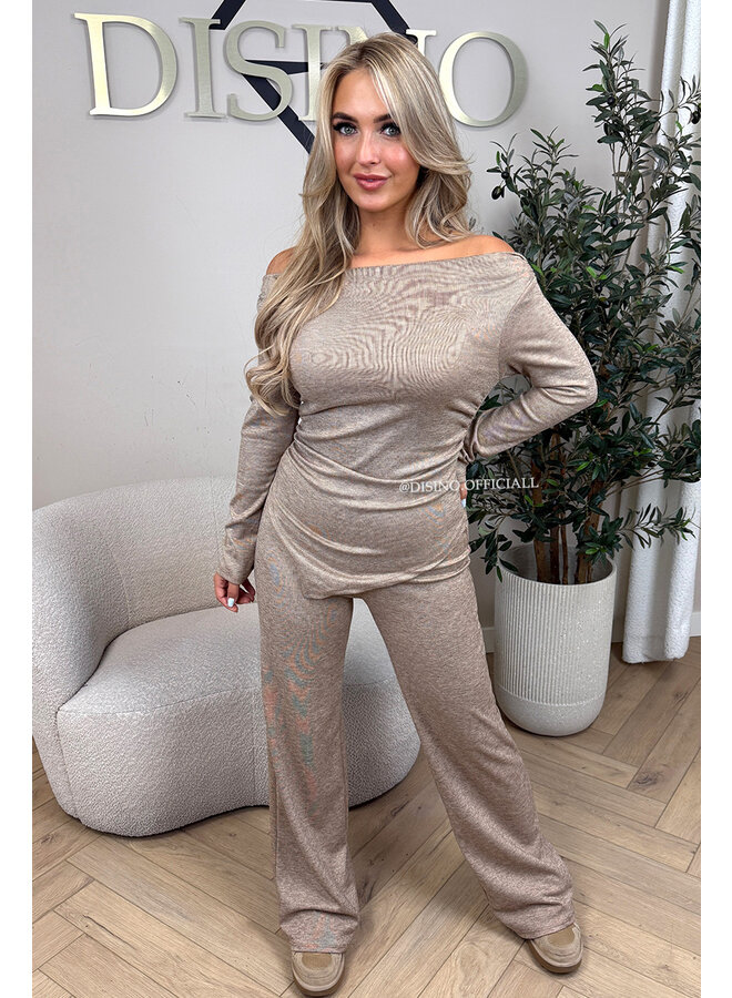 TAUPE - 'FIORA SET' - CHIQUE OFFSHOULDER COMFY TOP + PANTS SET