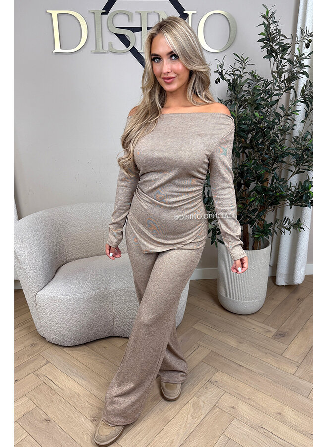 TAUPE - 'FIORA SET' - CHIQUE OFFSHOULDER COMFY TOP + PANTS SET