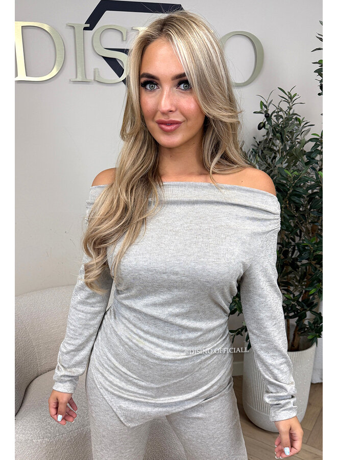 BEIGE - 'FIORA SET' - CHIQUE OFFSHOULDER COMFY TOP + PANTS SET