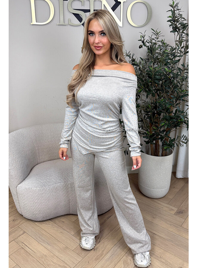 BEIGE - 'FIORA SET' - CHIQUE OFFSHOULDER COMFY TOP + PANTS SET
