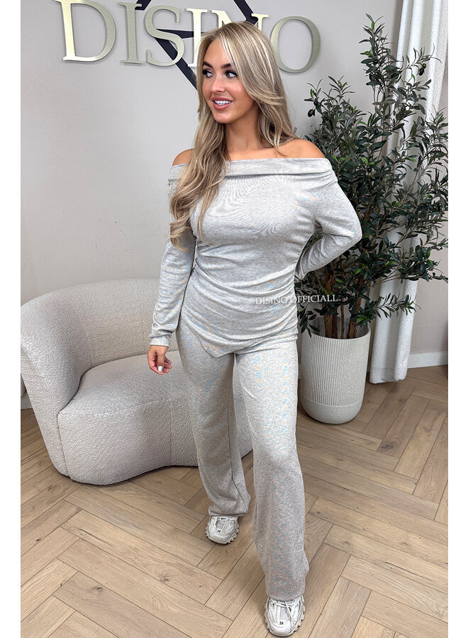 BEIGE - 'FIORA SET' - CHIQUE OFFSHOULDER COMFY TOP + PANTS SET