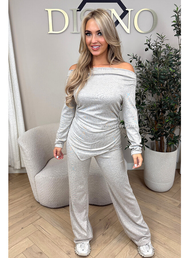 BEIGE - 'FIORA SET' - CHIQUE OFFSHOULDER COMFY TOP + PANTS SET