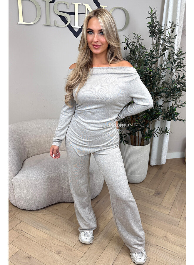 BEIGE - 'FIORA SET' - CHIQUE OFFSHOULDER COMFY TOP + PANTS SET