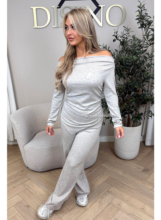 BEIGE - 'FIORA SET' - CHIQUE OFFSHOULDER COMFY TOP + PANTS SET