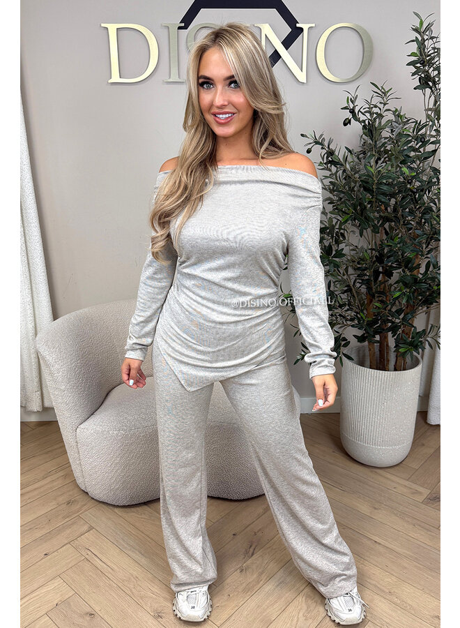 BEIGE - 'FIORA SET' - CHIQUE OFFSHOULDER COMFY TOP + PANTS SET