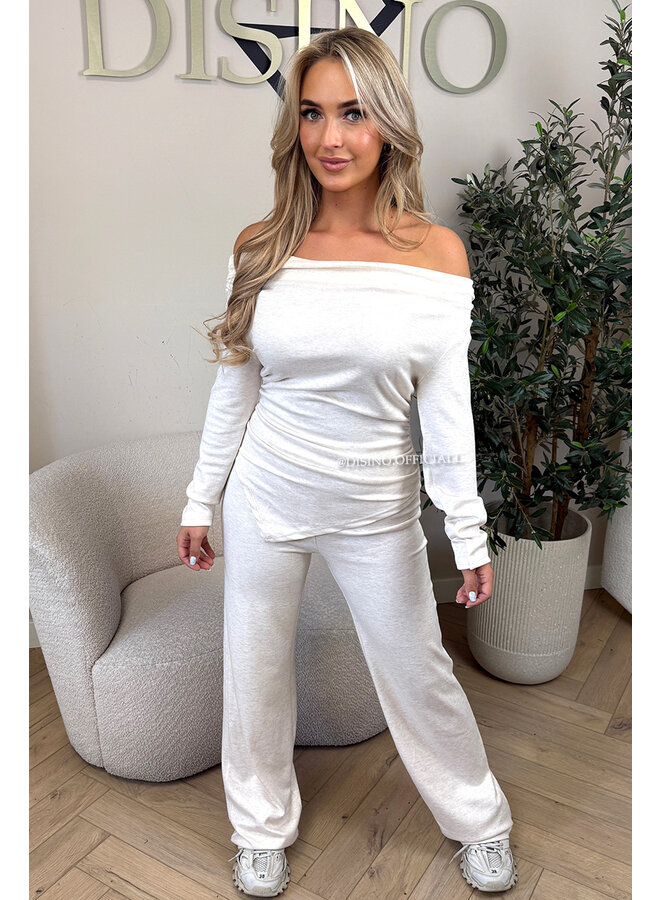 ECRU - 'FIORA SET' - CHIQUE OFFSHOULDER COMFY TOP + PANTS SET