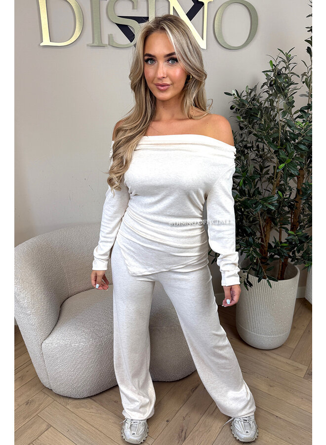 ECRU - 'FIORA SET' - CHIQUE OFFSHOULDER COMFY TOP + PANTS SET