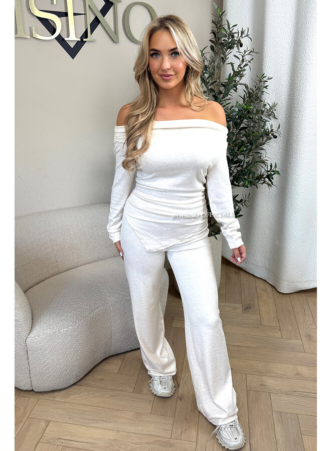 ECRU - 'FIORA SET' - CHIQUE OFFSHOULDER COMFY TOP + PANTS SET