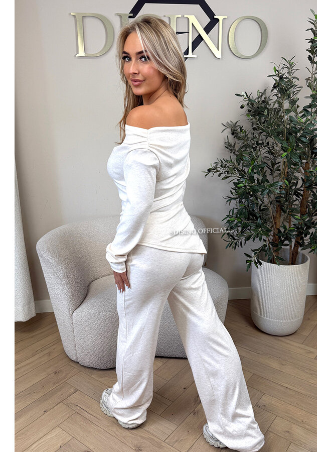 ECRU - 'FIORA SET' - CHIQUE OFFSHOULDER COMFY TOP + PANTS SET