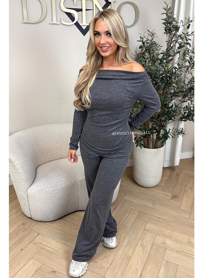 GREY - 'FIORA SET' - CHIQUE OFFSHOULDER COMFY TOP + PANTS SET