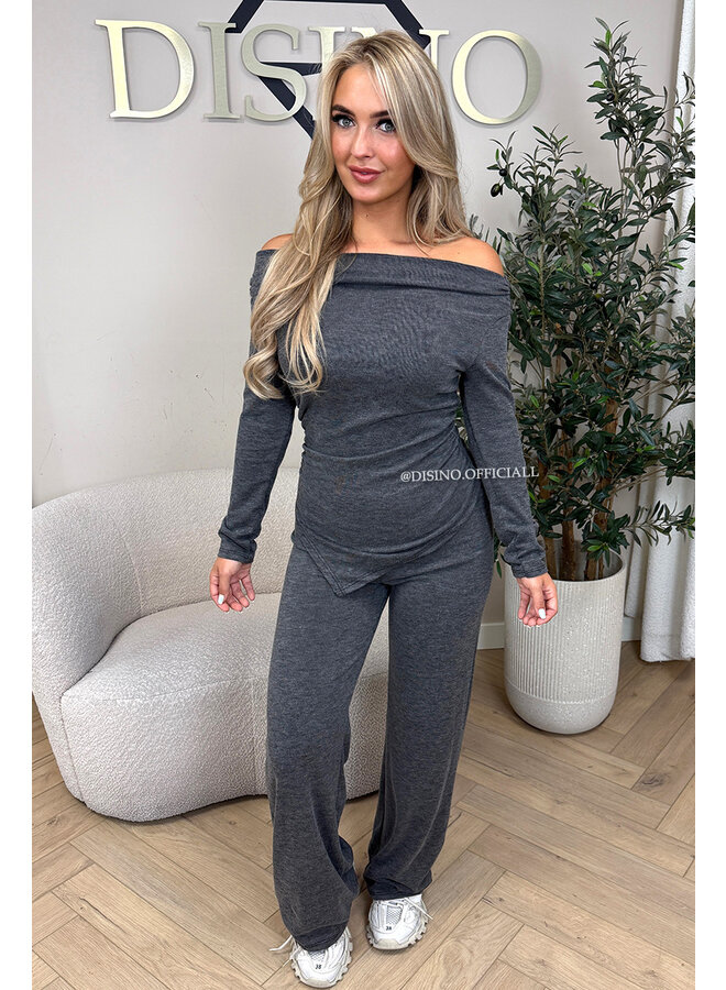 GREY - 'FIORA SET' - CHIQUE OFFSHOULDER COMFY TOP + PANTS SET