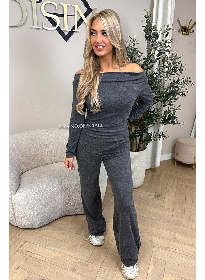 GREY - 'FIORA SET' - CHIQUE OFFSHOULDER COMFY TOP + PANTS SET