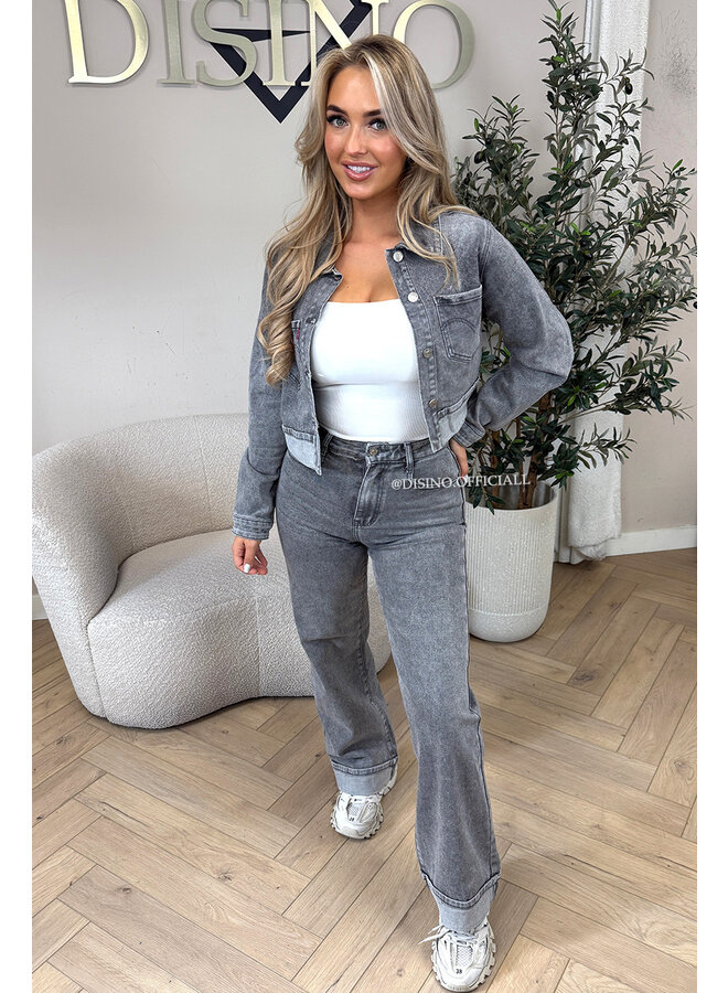 GREY - 'LEVY JACKET' - STRETCH CROPPED DENIM JACKET