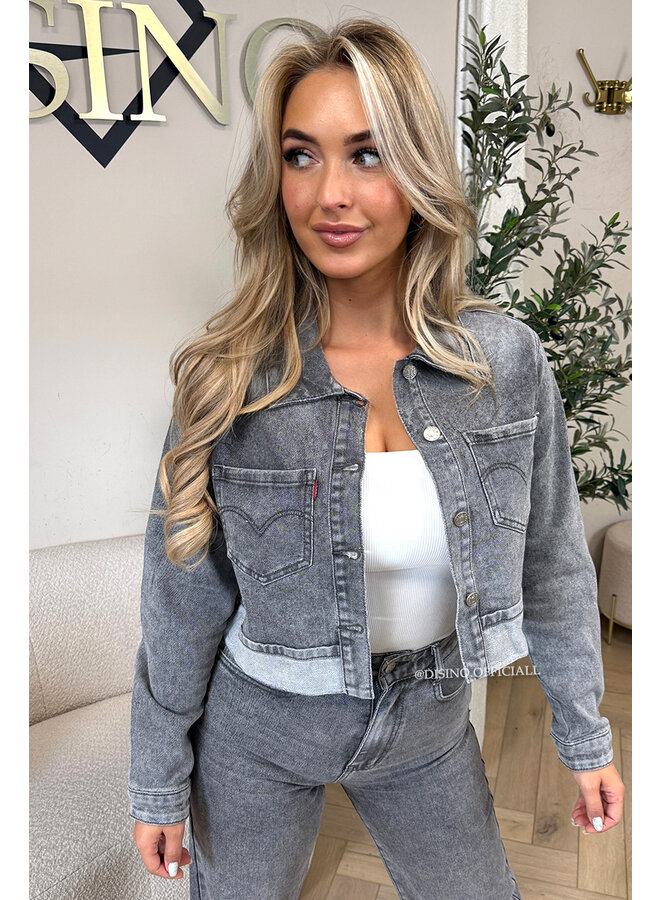 GREY - 'LEVY JACKET' - STRETCH CROPPED DENIM JACKET