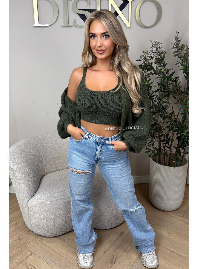 OLIVE GREEN - 'LIMA SET' - COZY KNITTED TOP + BALLOON VEST