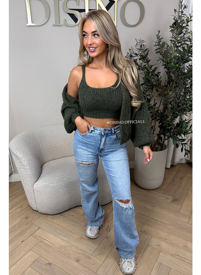 OLIVE GREEN - 'LIMA SET' - COZY KNITTED TOP + BALLOON VEST