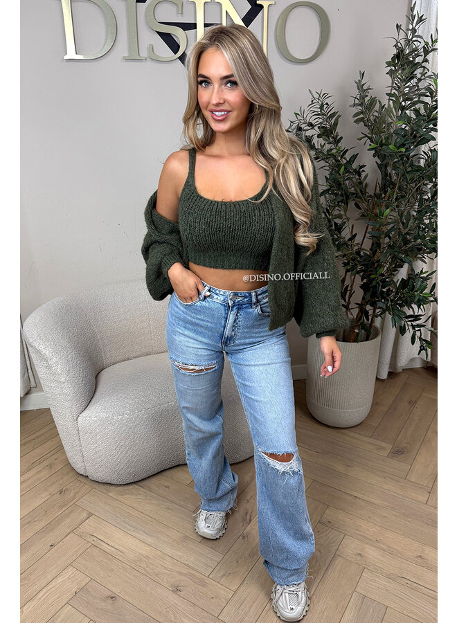 OLIVE GREEN - 'LIMA SET' - COZY KNITTED TOP + BALLOON VEST