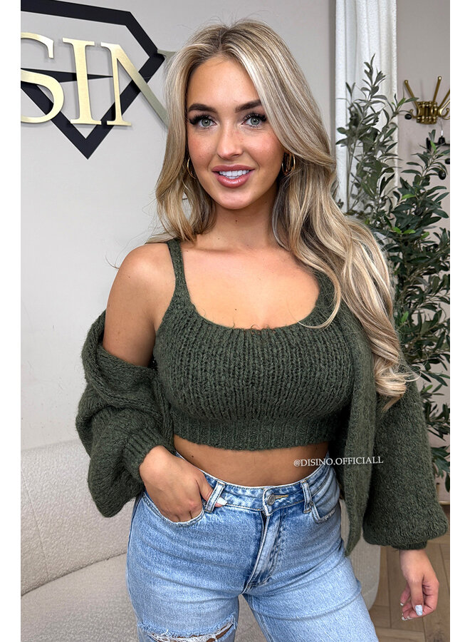 OLIVE GREEN - 'LIMA SET' - COZY KNITTED TOP + BALLOON VEST