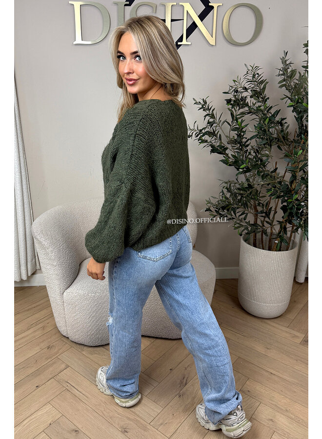 OLIVE GREEN - 'LIMA SET' - COZY KNITTED TOP + BALLOON VEST