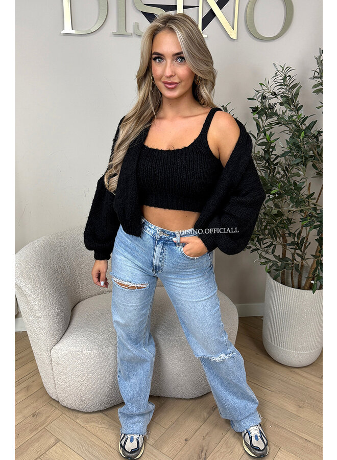 BLACK - 'LIMA SET' - COZY KNITTED TOP + BALLOON VEST